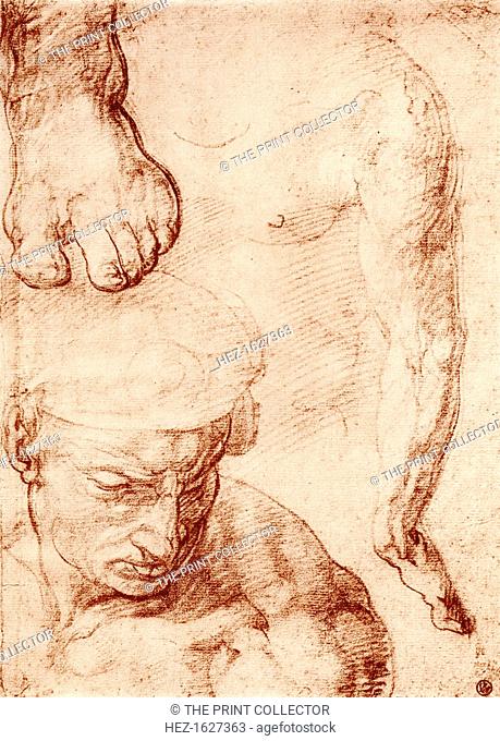 Studies for the figure of the cross-bearer in the Last Judgement, Sistine Chapel, Rome, 1913. A print from The Art of the Great Masters, by Frederic Lees