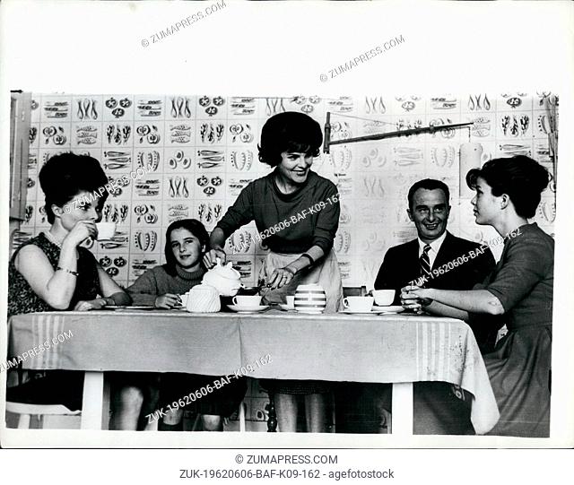 Jun. 06, 1962 - London's First Envoy Brews Her First Cuppa: When in Rome do as the Romans do.When in London: Senora Mini Chittandam