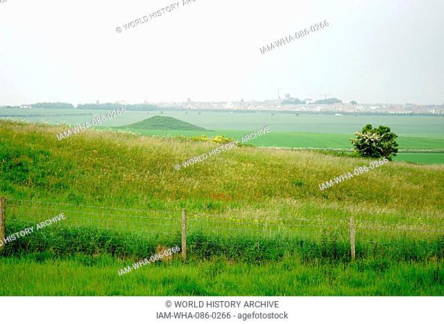 View of Maiden Castle, an Iron Age hill fort, a type of earthworks used as a fortified refuge which would exploit elevations. Dated 21st Century