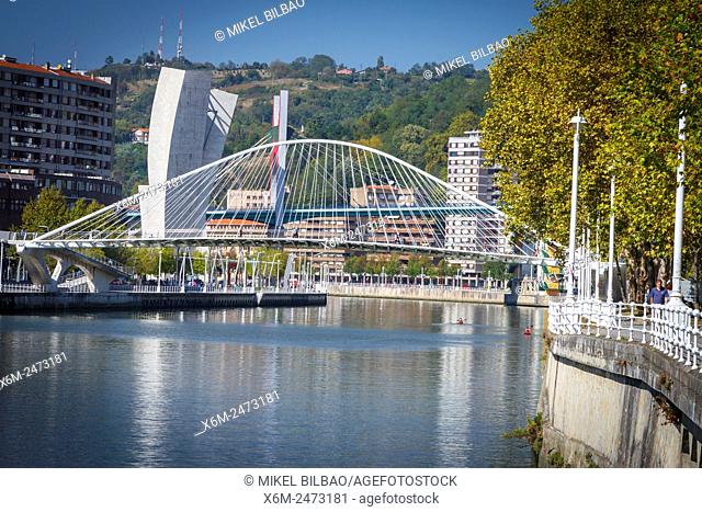 Nervion river and Zubizuri bridge. Bilbao. Biscay, Spain, Europe
