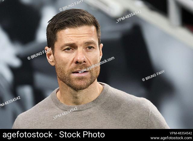 Leverkusen's head coach Xabi Alonso pictured at the start of a group stage soccer game between German soccer team Bayer Leverkusen and Belgian soccer team Club...