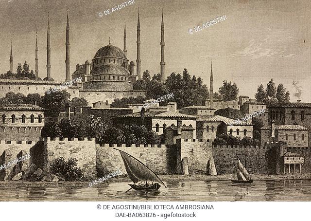 Sultan Ahmet Mosque or Blue Mosque, Istanbul, Turkey, engraving by Lemaitre and Lalaisse, from Turquie by Joseph Marie Jouannin (1783-1844) and Jules Van Gaver