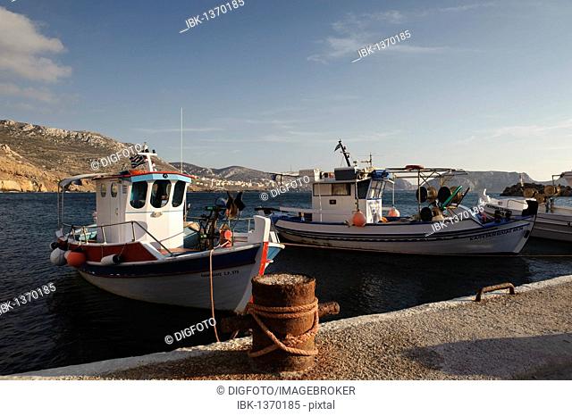 Fishing boats in the port of Finiki, island of Karpathos, Aegean Islands, Dodecanese, Aegean Sea, Greece, Europe