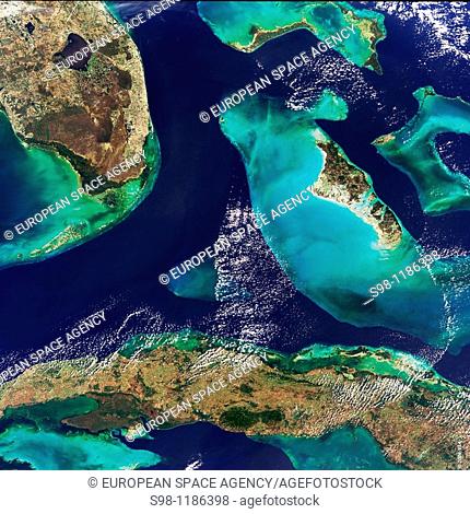 The shallow blue waters of the Bahamas as seen from Envisat 800km away in space, acquired by the Medium Resolution Imaging Spectrometer MERIS on 24 January 2004...