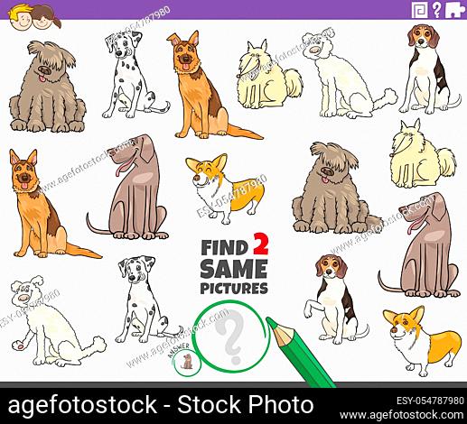 Cartoon Illustration of Finding Two Same Pictures Educational Game for Children with Cute Purebred Dogs Animal Characters