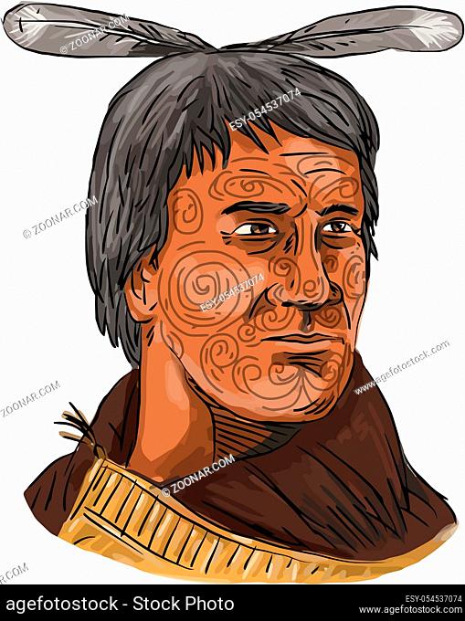 Watercolor style illustration of bust of Maori chief warrior chieftain with tattoos on face and cape on isolated white background