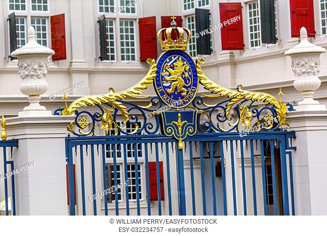 Royal Noordeinde Palace Gate Coat of Arms Hague Holland Netherlands. Beccame a palace since 1533 and became the working Palace of King Willem-Alexander since...