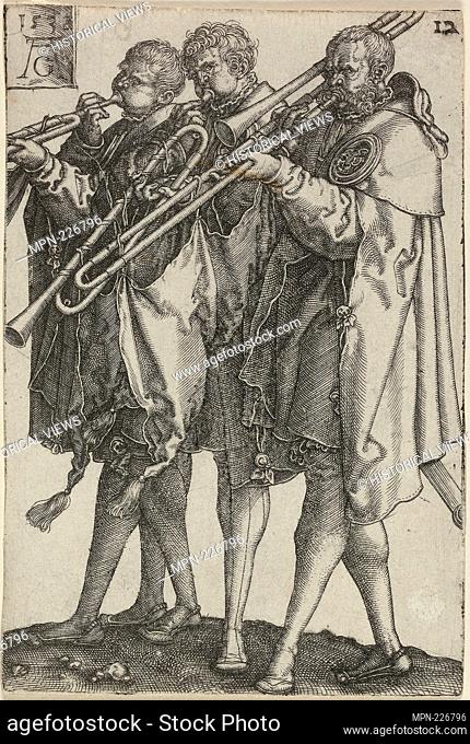 Three Trombonists, plate twelve from The Large Wedding-Dancers - 1538 - Heinrich Aldegrever German, 1502-c.1560 - Artist: Heinrich Aldegrever, Origin: Germany