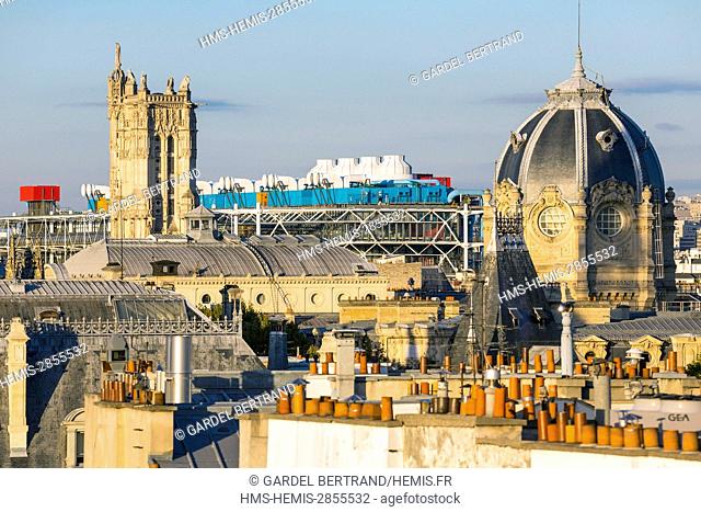 France, Paris, general view of the Tour Saint Jacques and the center of Beaubourg