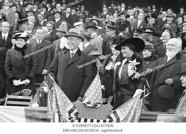 President Woodrow Wilson at World Series game with Edith Bolling Galt. The couple were courting publically on October 8, 1915 and married in December 1915...
