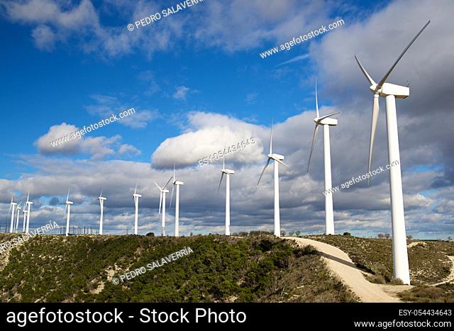 Windmills for electric power production, Zaragoza province, Aragon, Spain