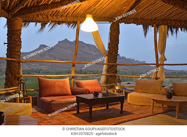 eco-lodge Hara Oasis on the banks of the River Draa in the large palm grove in Agdz at the foot of Djebel Kissane, Mount Kissane (Jbel Kissane)