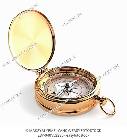 Gold compass on white isolated background. 3d