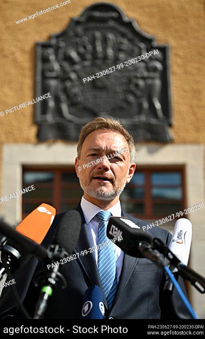 27 June 2023, Thuringia, Ettersburg: Christian Lindner (FDP), German Finance Minister, speaks to journalists before the start of a meeting of the Polish Finance...