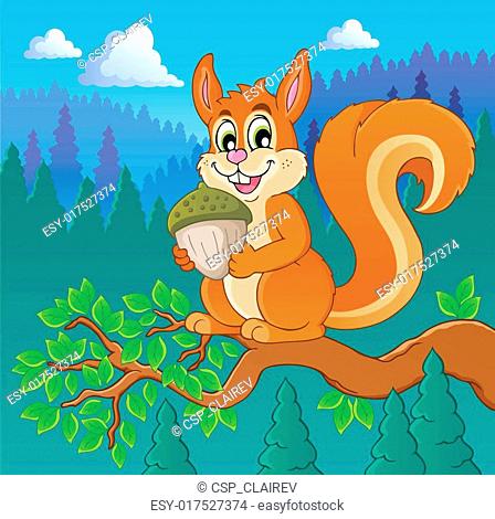 Cute cartoon squirrel holding acorn Stock Photos and Images | agefotostock