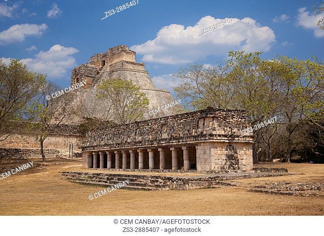 View to the Pyramid of the Magician in prehispanic Mayan city of Uxmal Archaeological Site, Yucatan Province, Mexico, North America