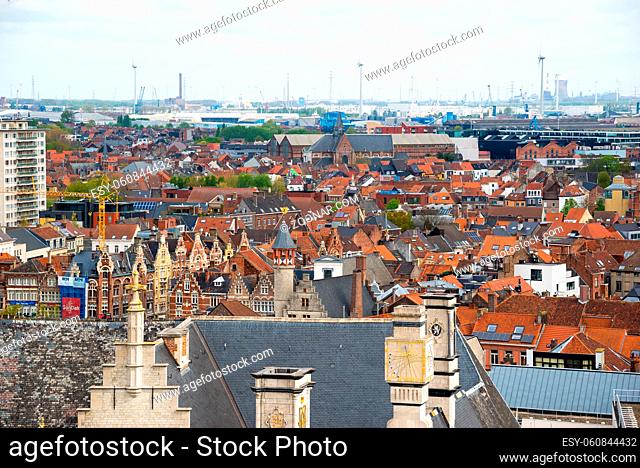 Ghent, Belgium - April 16, 2017: Aerial view of Ghent from Belfry - beautiful medieval buildings of the Old Town, Belgium