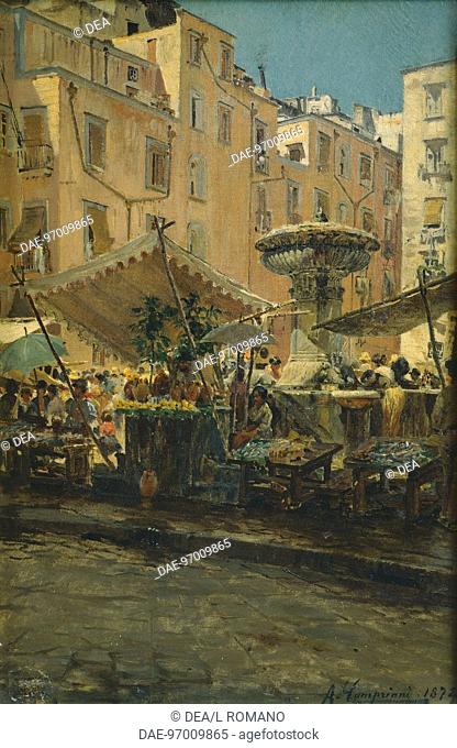 The fountain of Spells in the Basso Porto district of Naples, by Alceste Campriani (1848-1933), oil on canvas, Italy 19th-20th Century