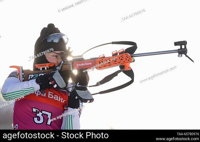 RUSSIA, UFA - DECEMBER 15, 2023: Russia's Alisa Kudisova competes in the ladies' sprint in Stage 2 of the 2023/2024 Commonwealth Biathlon Cup at Biatlon sports...