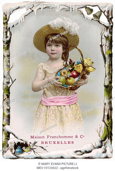 A girl with a basket of flowers and fruit