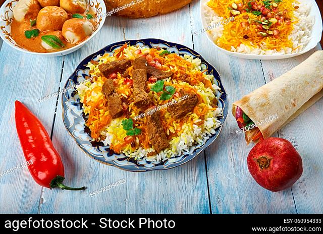 Afghani Pulao, Afghani uisine, central Asia Traditional assorted dishes, Top view