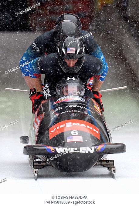 The US-american bobber Steven Holcomb, Curtis Tomasevicz, Steven Langton, Christopher Fogt start for the four-man bob during the Bobsleigh World Cup in...