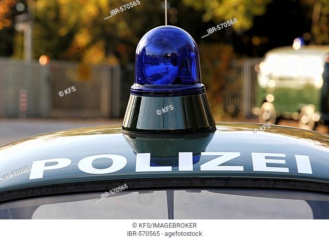 Flashing light and lettering at a historic patrol car of the German police, VW, 1967, Germany