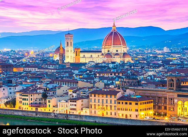 Night view of Florence city skyline in Tuscany, Italy