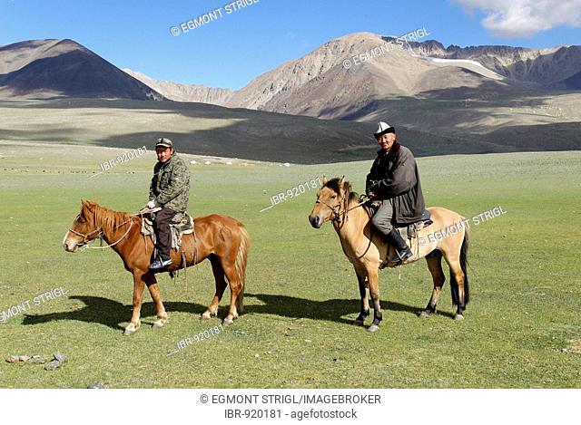 Kazakh, Mongolian riders with horses, Altai, Kazakhstan, Mongolia, Asia