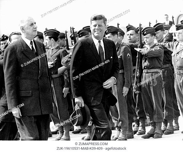 May 31, 1961 - Paris, France - President JOHN F. KENNEDY accompanied by General CHARLES DE GAULLE inspecting the Guard of Honour on arrival at Orly Airport
