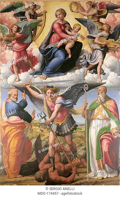Madonna in Glory with Sts Michael Archangel and Sts Peter and Benedict, by Innocenzo Francucci known as Innocenzo da Imola, 1521 - 1522, 16th Century