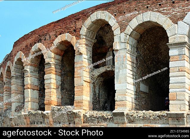 Verona, Veneto, Italy - September 11, 2018: Roman amphitheatre Arena di Verona at the Piazza Bra square in the historic centre of Verona - Italy