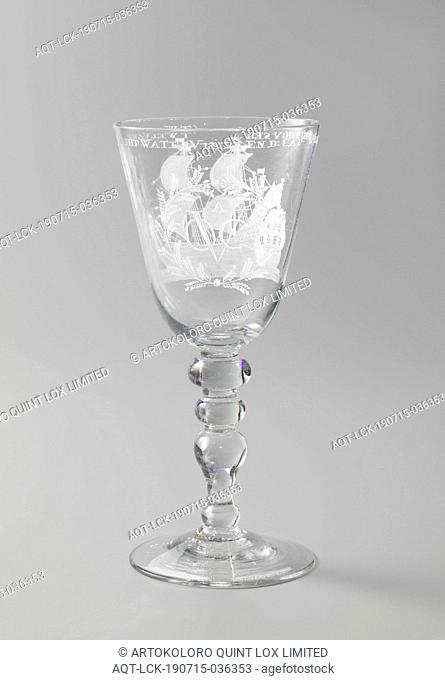Wine glass with a ship Cup with a three-mast and the inscription: 'T WELVAREN VAN' T SHIP WATERVLIET AND D: CAP'T WILLEM HOUTHUYSEN, Light conical base