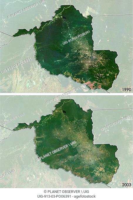 Satellite view of deforestation in Rondonia, Brazil in 1990 and 2003. This before and after image shows deforestation impact over the years