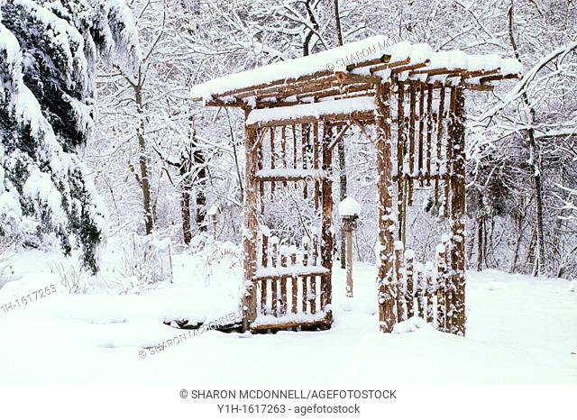 Winter garden arbor in falling soft snow, Midwest USA
