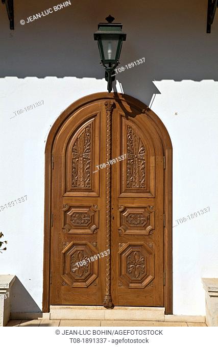Greece, Ionian, Lefkada: Monastery Faneromeni, carved wooden door