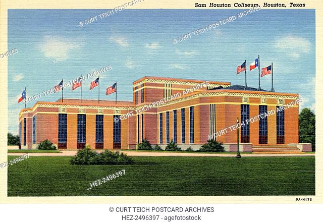 Sam Houston Coliseum, Houston, Texas, USA, 1939. Vintage postcard. The Sam Houston Coliseum was an indoor arena that opened in 1937
