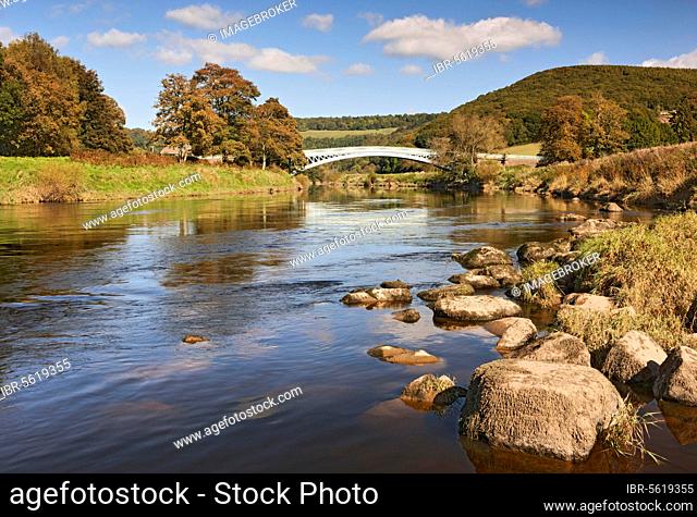 View of river and bridge, Bigsweir Bridge, Bigsweir, River Wye, Wye Valley, Monmouthshire, Wales, Autumn