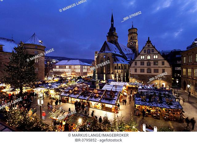 Christmas market in front of the Collegiate Church, Stuttgart, Baden-Württemberg, Germany