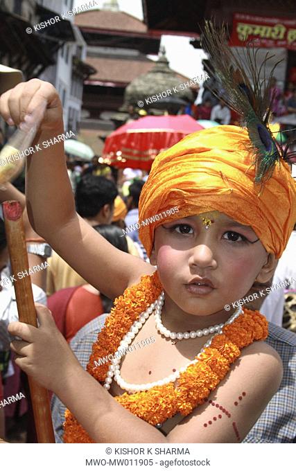 A child dressed in traditional clothes at the festival of Gai Jatra, the procession of cows in Kathmandu Every family who has lost one relative in the past year...