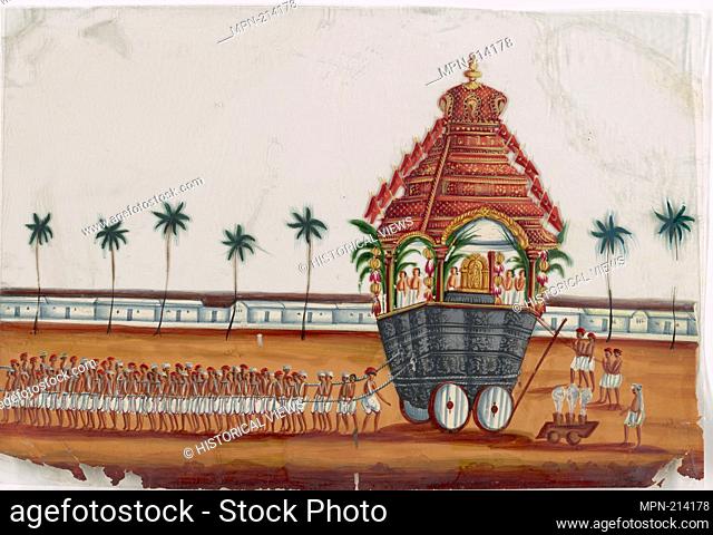 Chariot festival procession with red and black chariot drawn by dozens of men, with attendants. Indian coloured drawings: a collection of 177 original paintings...