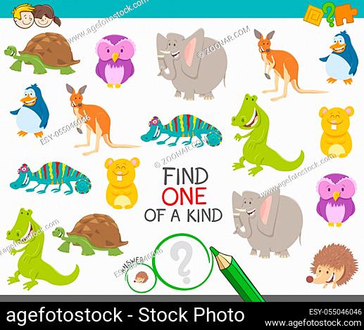 Cartoon Illustration of Find One of a Kind Picture Educational Activity Game with Funny Wild Animal Characters