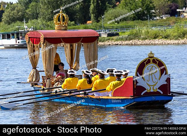 24 July 2022, Saxony, Pirna: The Countess Cosel sails on a boat on the Elbe during the water ballet. As part of the 300th anniversary of the birth of the...