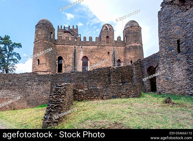 ruins of Fasil Ghebbi, Royal fortress-city castle in Gondar, Ethiopia. Imperial palace is called Camelot of Africa. UNESCO World Heritage Site
