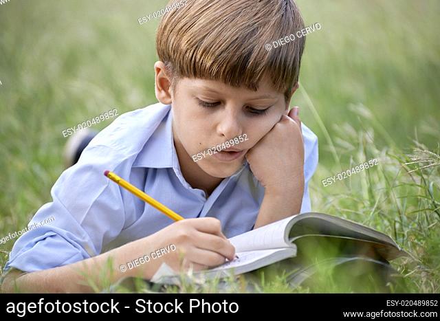 Young school boy doing homework alone, lying on grass