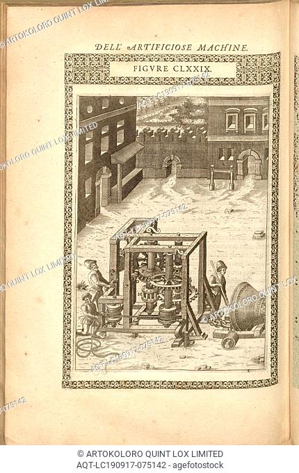 Transport von Lasten (2), Winch construction for the transport of loads, copperplate engraving, Fig. CLXXIX, to p. 293, 1588