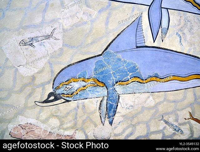 The Minoan 'Dolphin Fresco' wall art from the Queen's Megaron, Knossos Palace, 1600-1450 BC. Heraklion Archaeological Museum.