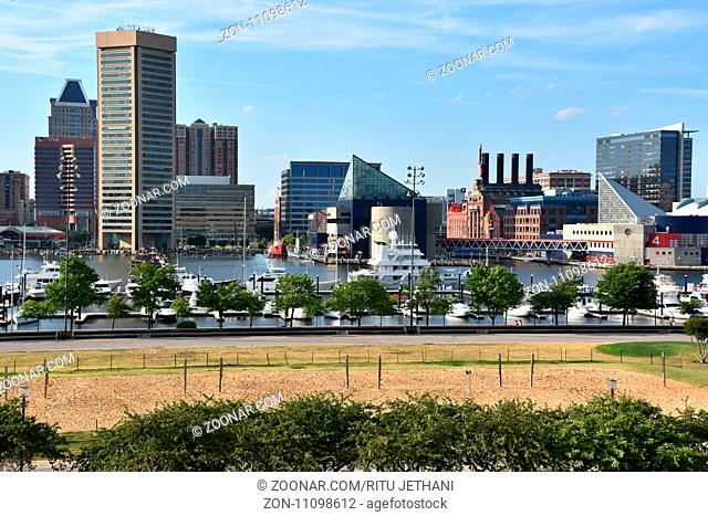 View of Inner Harbor, from Federal Hill Park, in Baltimore, Maryland