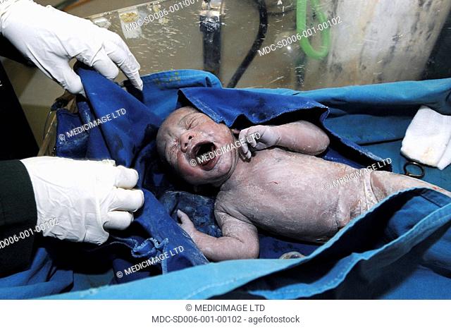 New born baby in cot, soon after birth umbilical cord still attached
