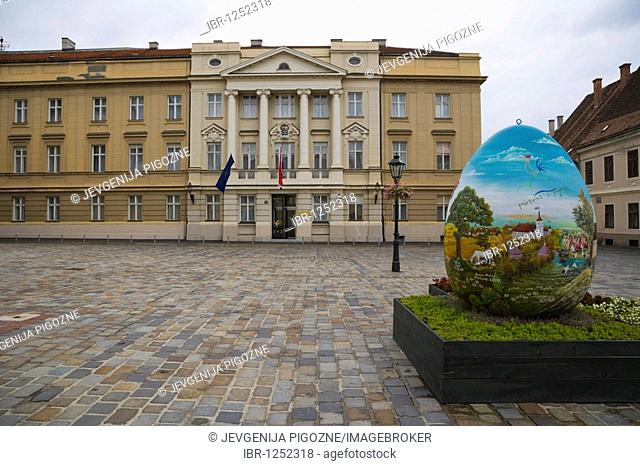 Giant Easter egg from the heart from Croatian naive artists in front of The Parliament of Croatia, Hrvatski sabor, Markova trg, Gornji Grad, Zagreb, Croatia